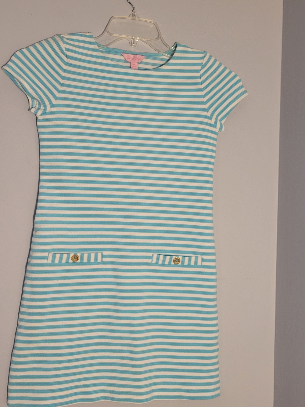 Lilly Pulitzer Girls' Aqua & White Striped Knit Dress Short Sleeve Size XL 12/14